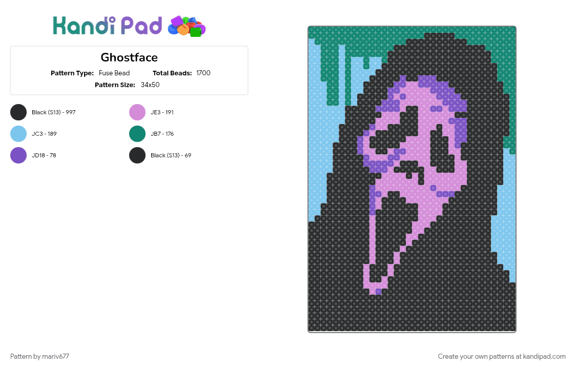 Ghostface - Fuse Bead Pattern by mariv677 on Kandi Pad - black, light blue, pink, teal