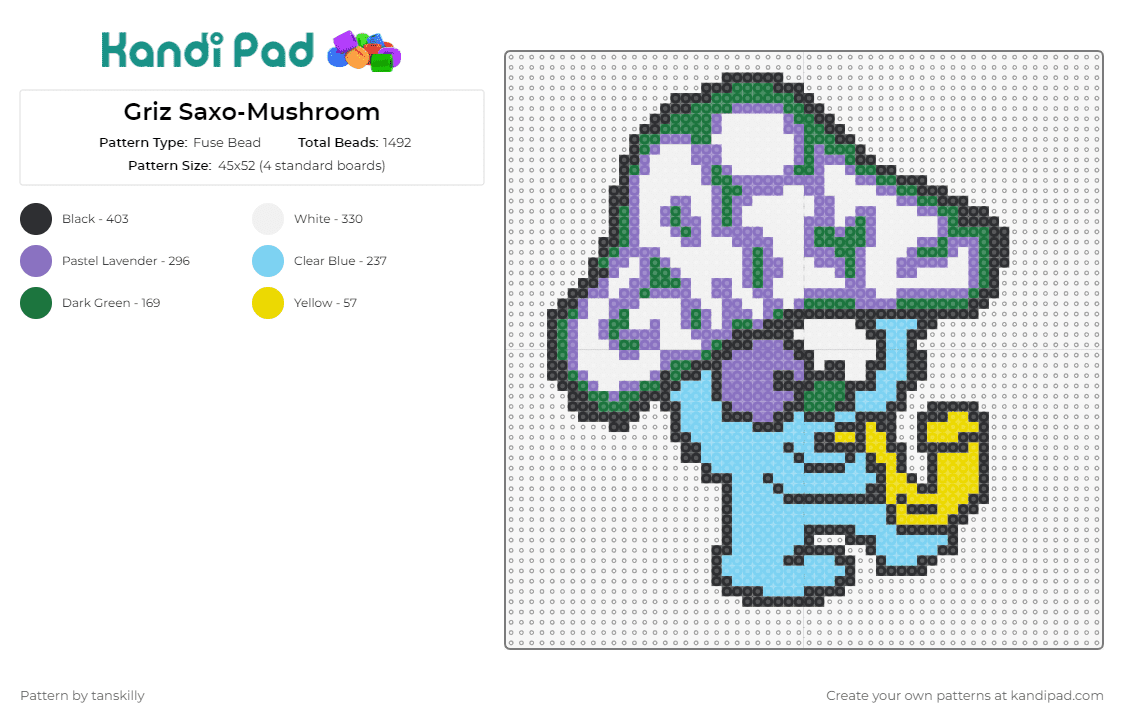 Griz Saxo-Mushroom - Fuse Bead Pattern by tanskilly on Kandi Pad - griz,saxophone,dj,character,music,edm,mushroom,text,logo,light blue,white,purple,green