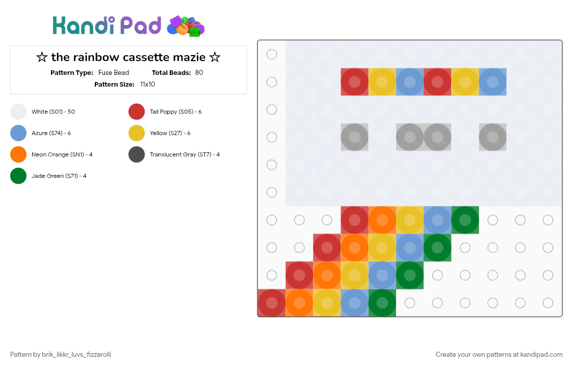 ☆ the rainbow cassette mazie ☆ - Fuse Bead Pattern by bru_zim_steeld_my_waflz on Kandi Pad - album, cassete, light blue, mazie, rainbow, red, white, yellow