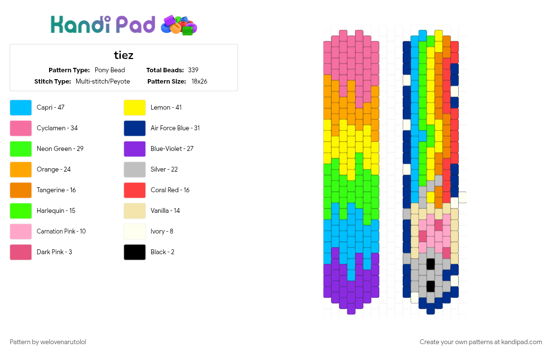 tiez - Pony Bead Pattern by poptartgigglefart on Kandi Pad - colorful, green, orange