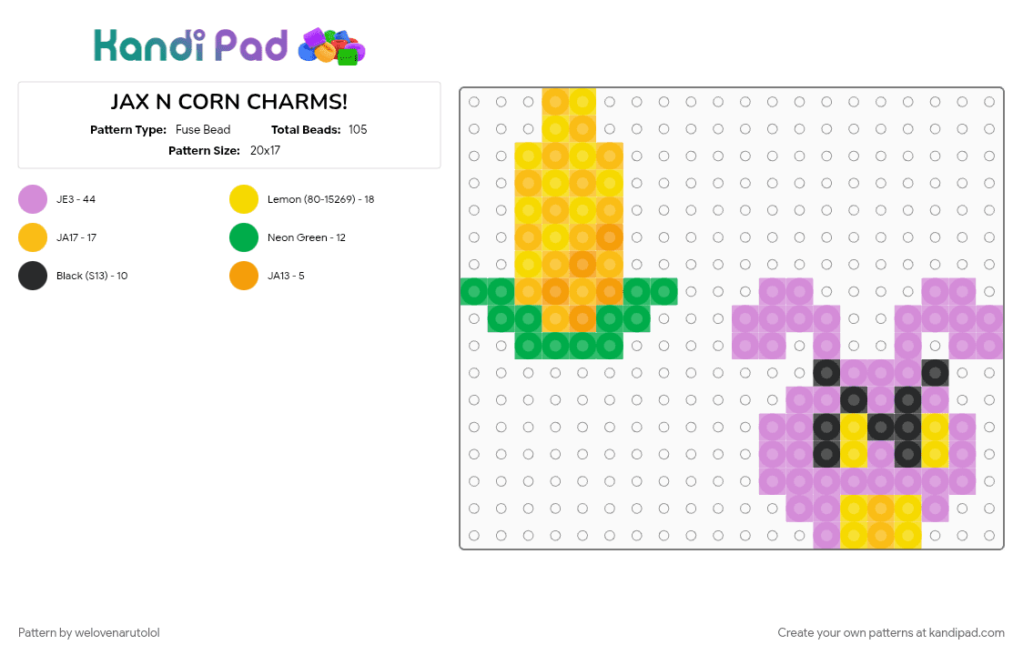 JAX N CORN CHARMS! - Fuse Bead Pattern by poptartgigglefart on Kandi Pad - cartoon, charm, corn, jax, lol, perler, pink, tadc, vegetable, yellow