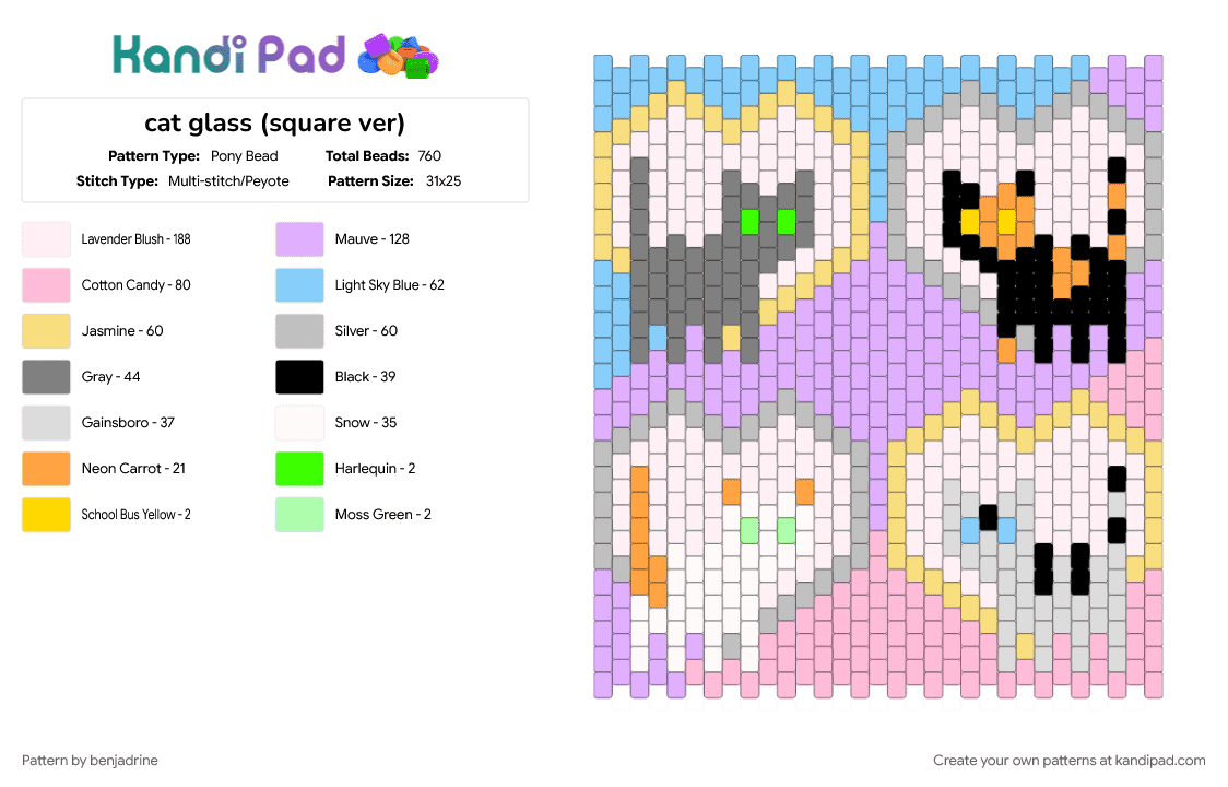 cat glass (square ver) - Pony Bead Pattern by benjadrine on Kandi Pad - beige, light blue, pink, yellow