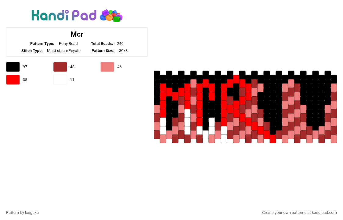 Mcr - Pony Bead Pattern by kaigaku on Kandi Pad - cuff, emo, mcr, multistich, my chemical romance, red