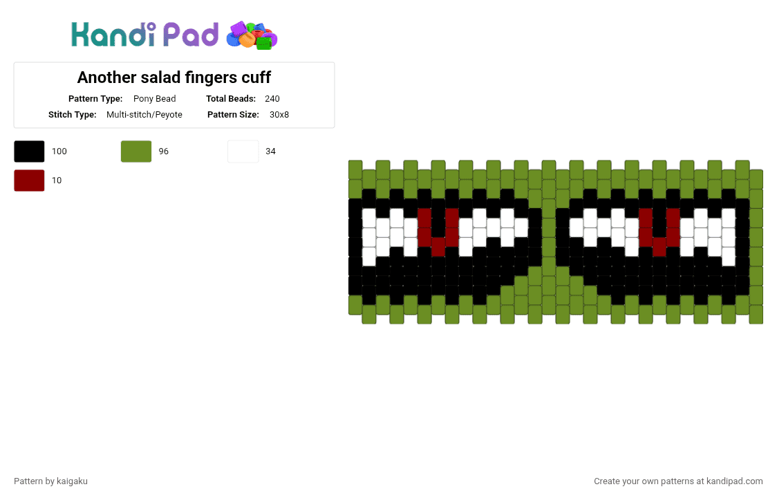 Another salad fingers cuff - Pony Bead Pattern by kaigaku on Kandi Pad - cotdmonsters, green, salad fingers