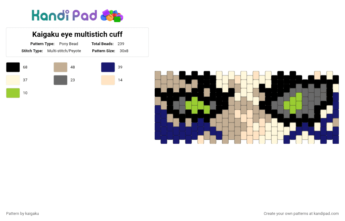 Kaigaku eye multistich cuff - Pony Bead Pattern by kaigaku on Kandi Pad - beige, purple