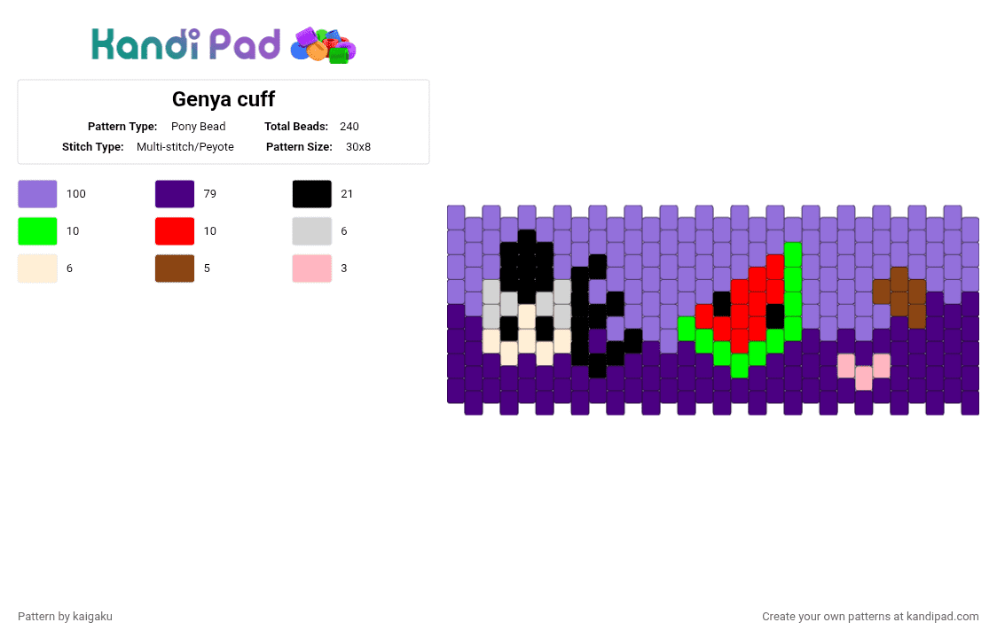 Genya cuff - Pony Bead Pattern by kaigaku on Kandi Pad - purple