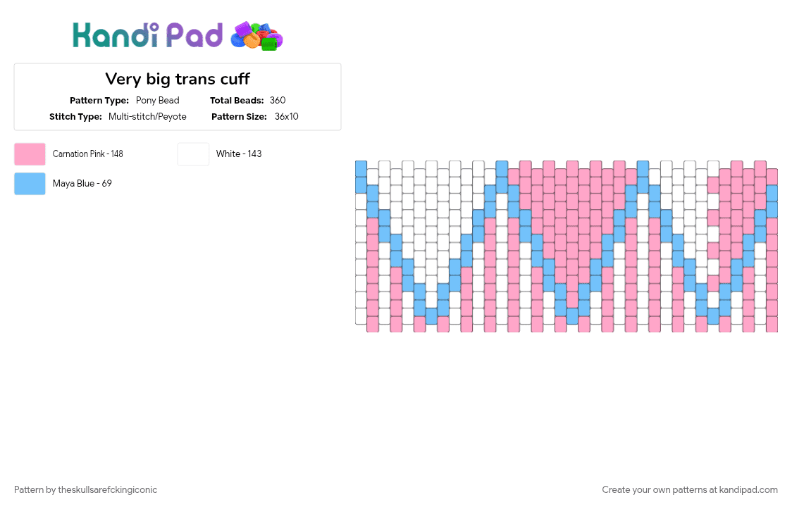 Very big trans cuff - Pony Bead Pattern by theskullsarefckingiconic on Kandi Pad - cotdtransitions, ftm, lgbt, lgbtq, lgbtqia, light blue, mtf, pink, pride, trans