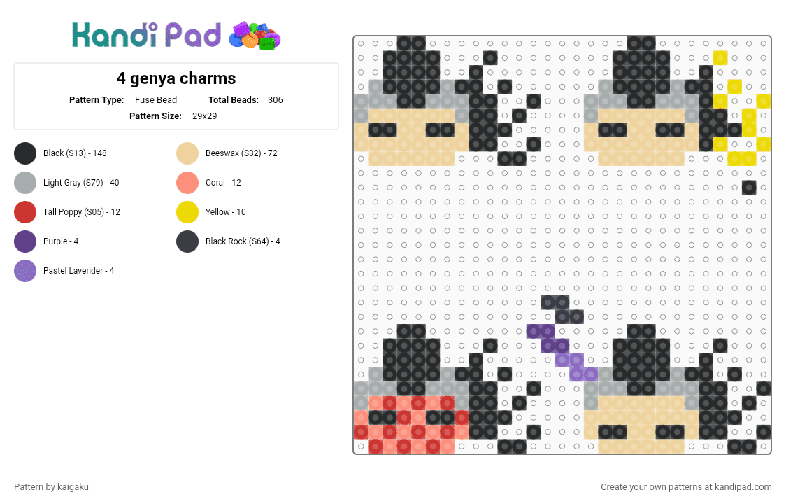 4 genya charms - Fuse Bead Pattern by kaigaku on Kandi Pad - beige, black, gray