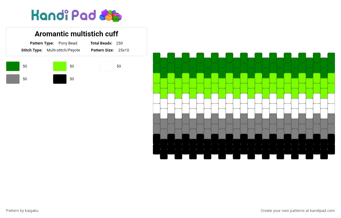 Aromantic multistich cuff - Pony Bead Pattern by kaigaku on Kandi Pad - aroace, aromantic, asexual, gray, green, kny, lgbt, lgbtq, lgbtqia, pride