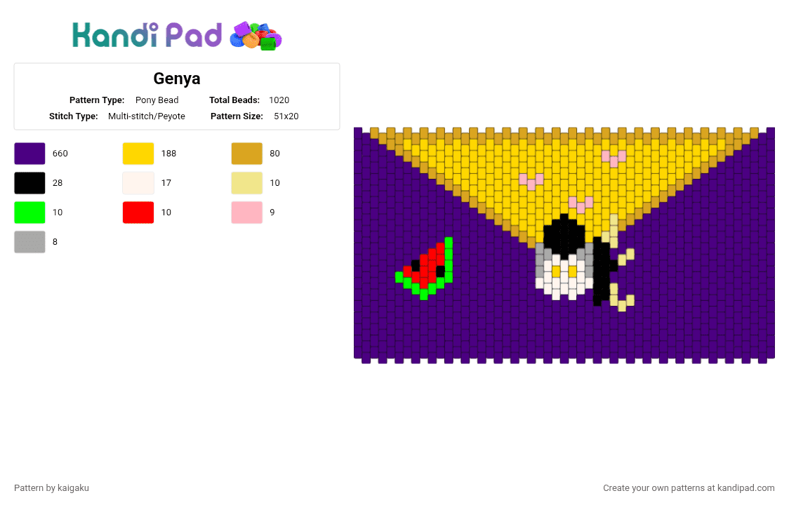 Genya - Pony Bead Pattern by kaigaku on Kandi Pad - purple, yellow