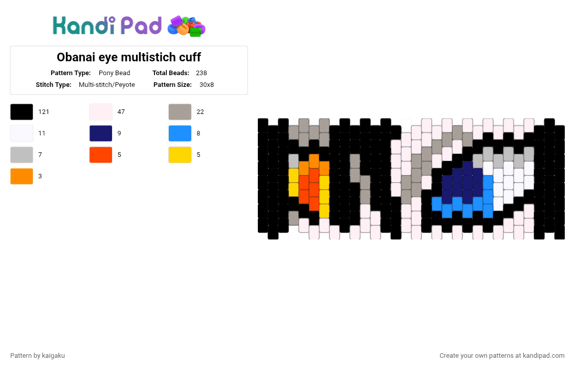 Obanai eye multistich cuff - Pony Bead Pattern by theskullsarefckingiconic on Kandi Pad - beige, black, cuff, demon slayer, eye, kny, multistich, obanai, purple, white