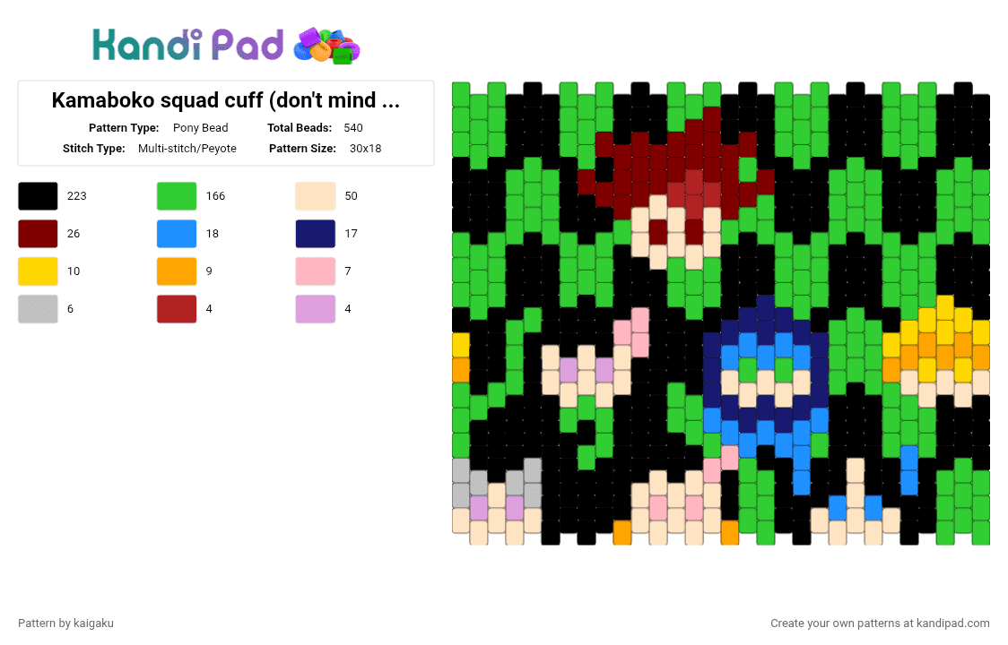 Kamaboko squad cuff (don\'t mind tanjiro he\'s high rn...) - Pony Bead Pattern by kaigaku on Kandi Pad - beige, black, demon slayer, green, inosuke, kamaboko squad, kanao, kny, nezuko, tanjiro, zenitsu