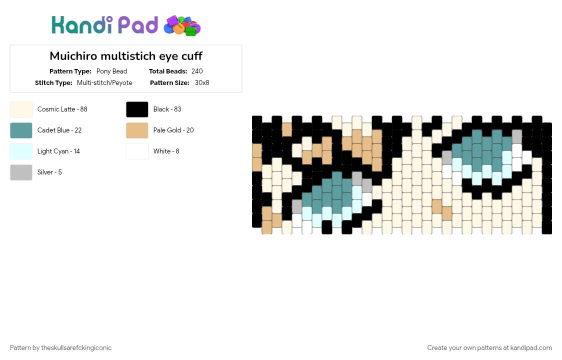 Muichiro multistich eye cuff - Pony Bead Pattern by theskullsarefckingiconic on Kandi Pad - beige, demon slayer, kimetsu no yaiba, kny, muichiro, muichiro tokito, teal, tokito muichiro, white