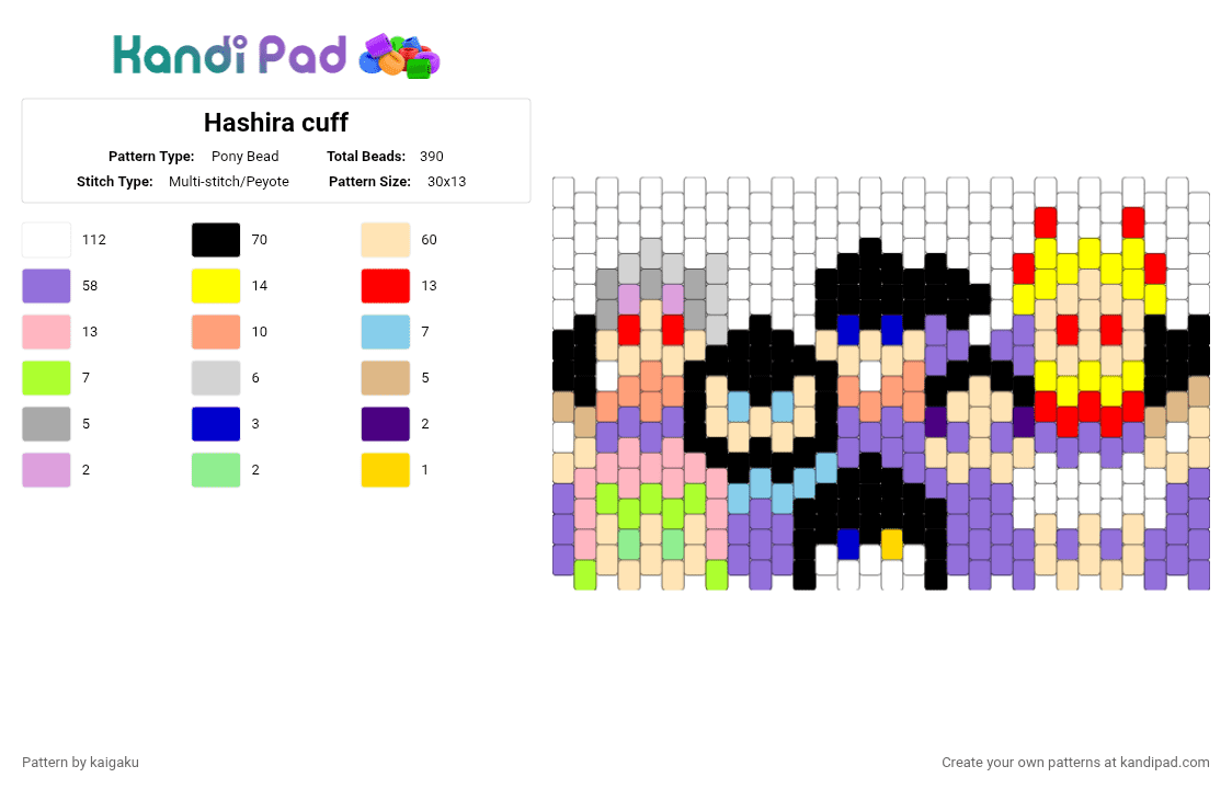Hashira cuff - Pony Bead Pattern by kaigaku on Kandi Pad - beige, demon slayer, giyu, hashira, kny, mitsuri, muichiro, purple, rengoku, shinobu, white