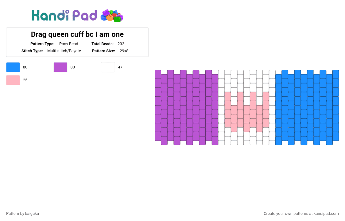 Drag queen cuff bc I am one - Pony Bead Pattern by kaigaku on Kandi Pad - cuff, drag queen, kny, lgbt, lgbtq, lgbtqia, light blue, multistich, pink, pride