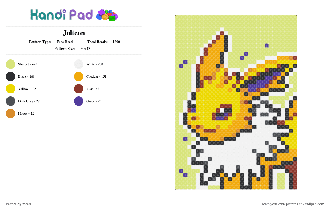 Jolteon - Fuse Bead Pattern by mcarr on Kandi Pad - orange,yellow
