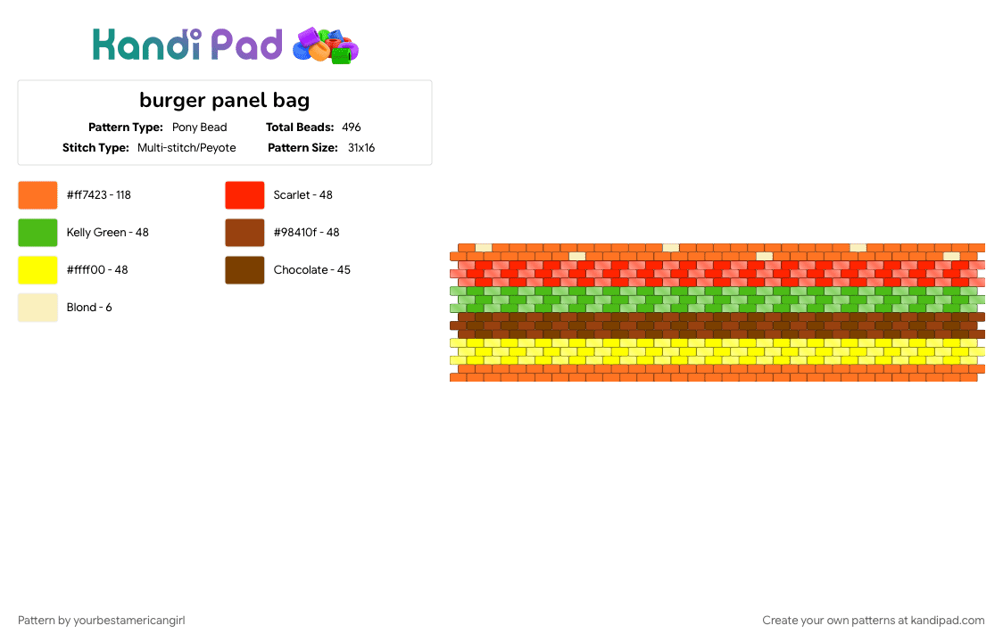 burger panel bag - Pony Bead Pattern by yourbestamericangirl on Kandi Pad - burger, green, orange, panel, peyote stitch, red, yellow