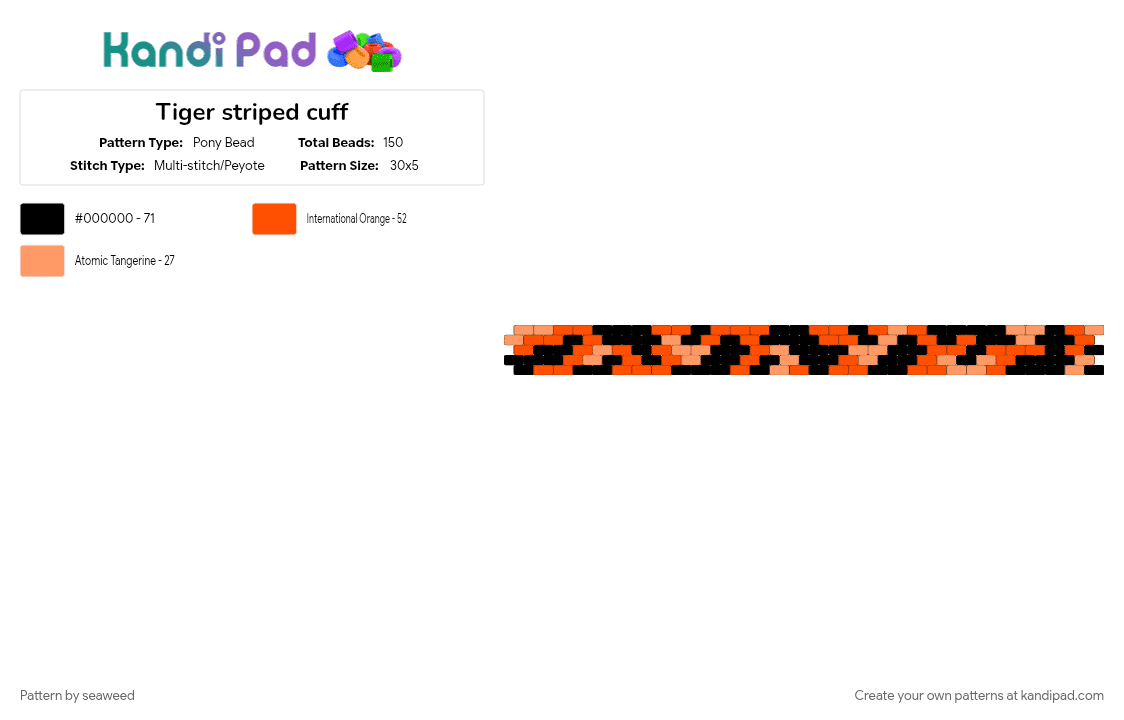 Tiger striped cuff - Pony Bead Pattern by seaweed on Kandi Pad - black, orange