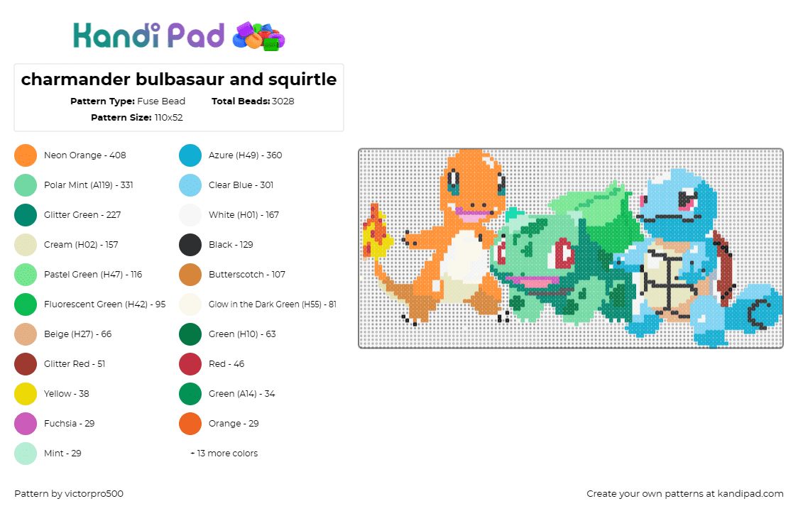 charmander bulbasaur and squirtle - Fuse Bead Pattern by victorpro500 on Kandi Pad - charmander,bulbasaur,squirtle,pokemon,starter,anime,characters,gaming,cute,orang