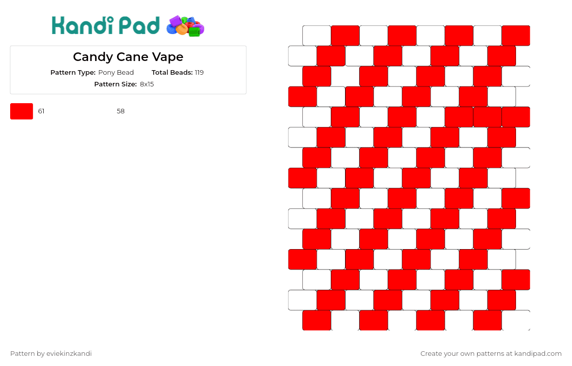 Candy Cane Vape - Pony Bead Pattern by eviekinzkandi on Kandi Pad - candy cane,diagonal,stripes,holiday,christmas,vape,red,white