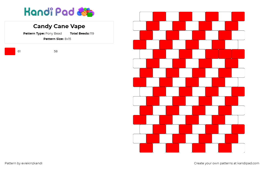 Candy Cane Vape - Pony Bead Pattern by eviekinzkandi on Kandi Pad - candy cane,diagonal,stripes,holiday,christmas,vape,red,white