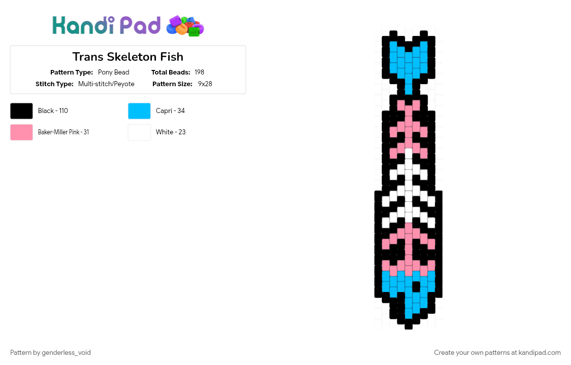 Trans Skeleton Fish - Pony Bead Pattern by genderless_void on Kandi Pad - black, light blue, pink