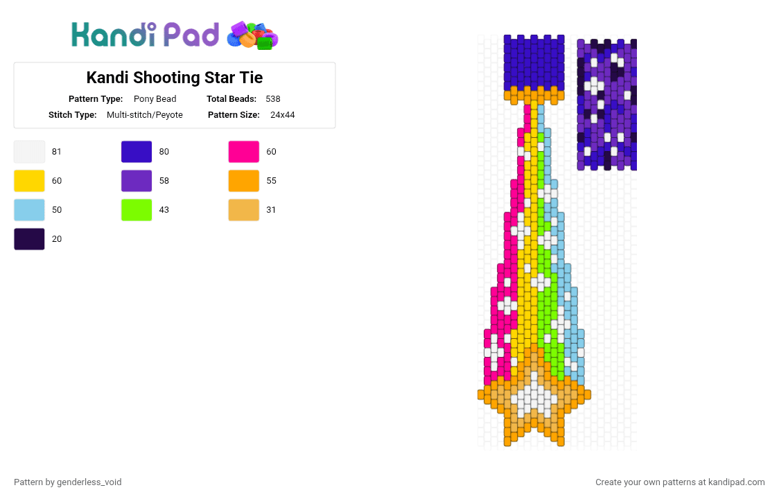 Kandi Shooting Star Tie - Pony Bead Pattern by genderless_void on Kandi Pad - orange,purple