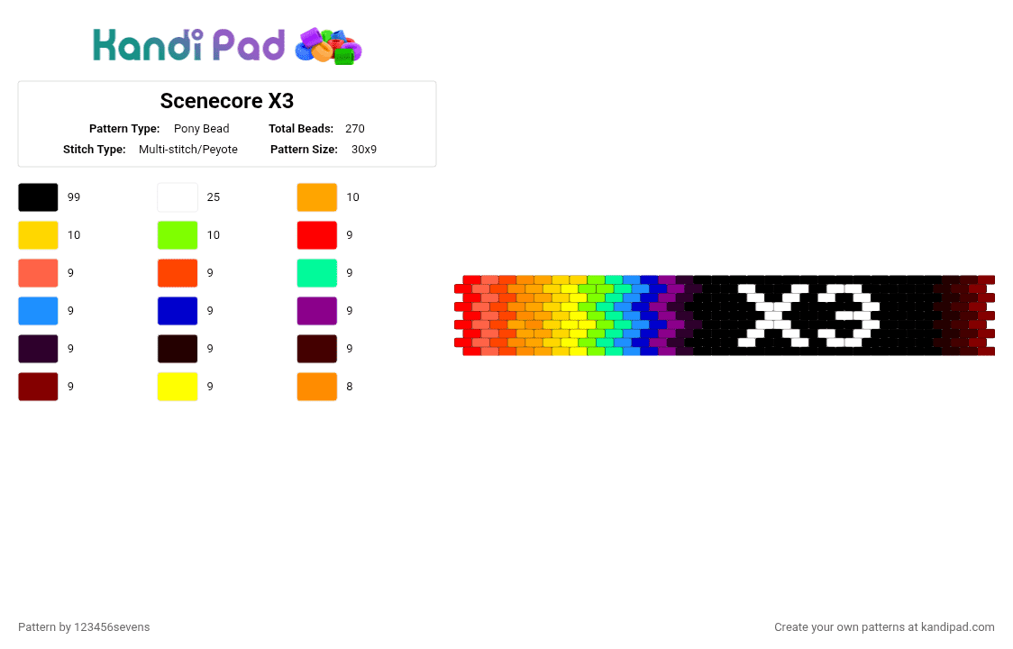 Scenecore X3 - Pony Bead Pattern by 123456sevens on Kandi Pad - black,red,yellow,colorful,rainbow,bright,x3,core,fade,scenecore
