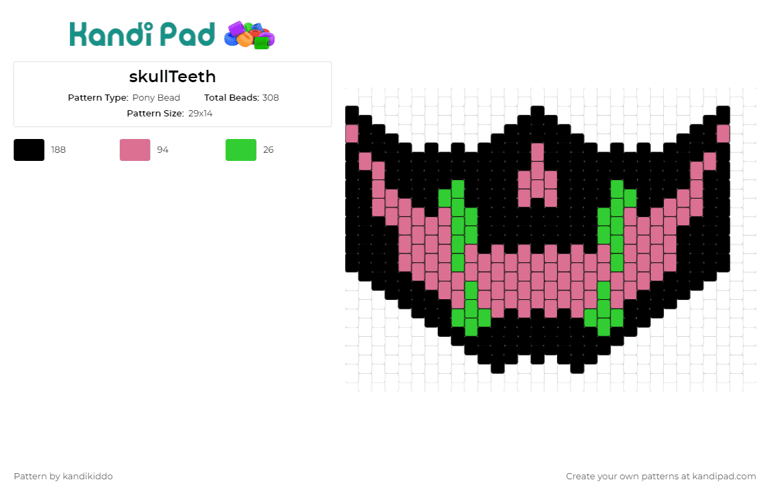 skullTeeth - Pony Bead Pattern by kandikiddo on Kandi Pad - skull,mask,spooky,halloween,teeth,black,pink,green