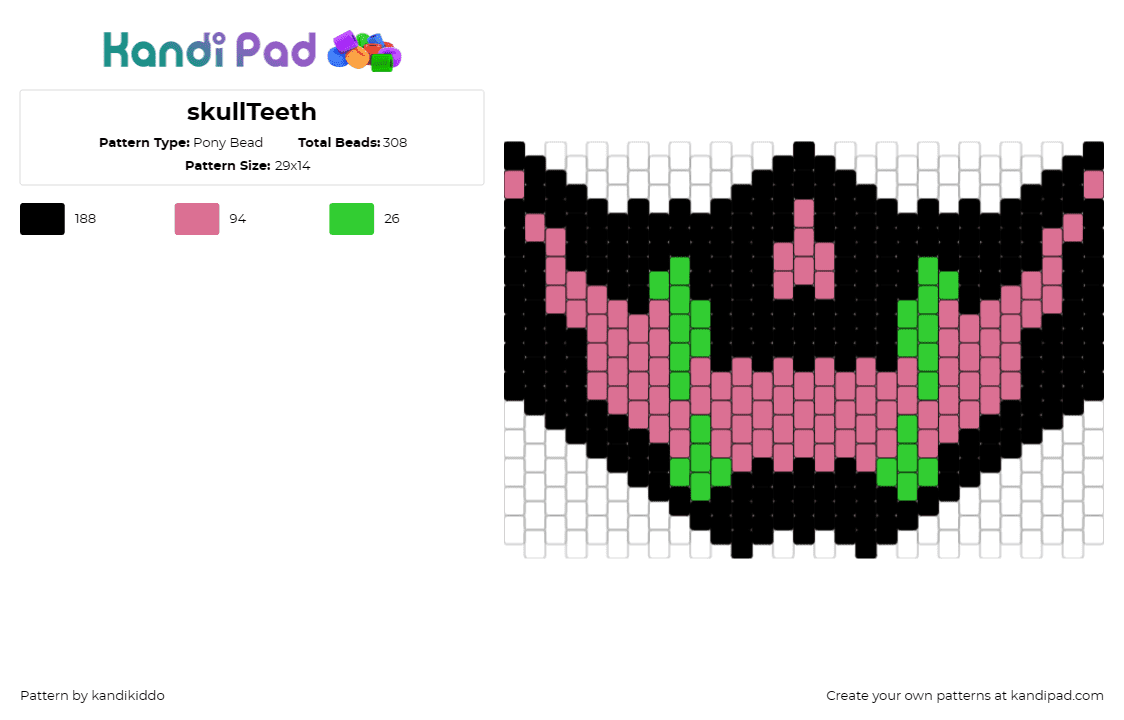 skullTeeth - Pony Bead Pattern by kandikiddo on Kandi Pad - skull,mask,spooky,halloween,teeth,black,pink,green