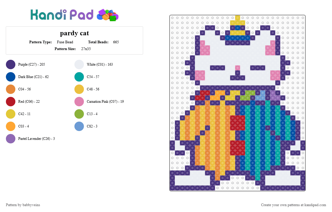 pardy cat - Fuse Bead Pattern by babbyveins on Kandi Pad - purple,blue,teal,colorful