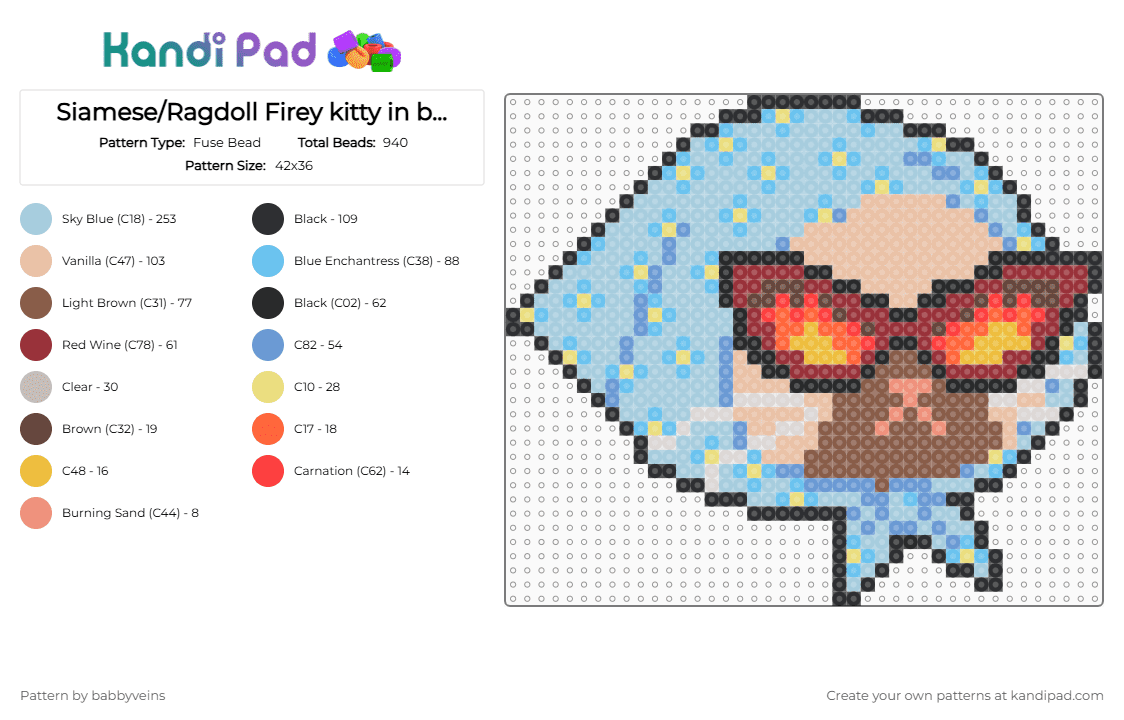 Siamese/Ragdoll Firey kitty in bandana - Fuse Bead Pattern by babbyveins on Kandi Pad - beige,light blue,kitty,cat,fire