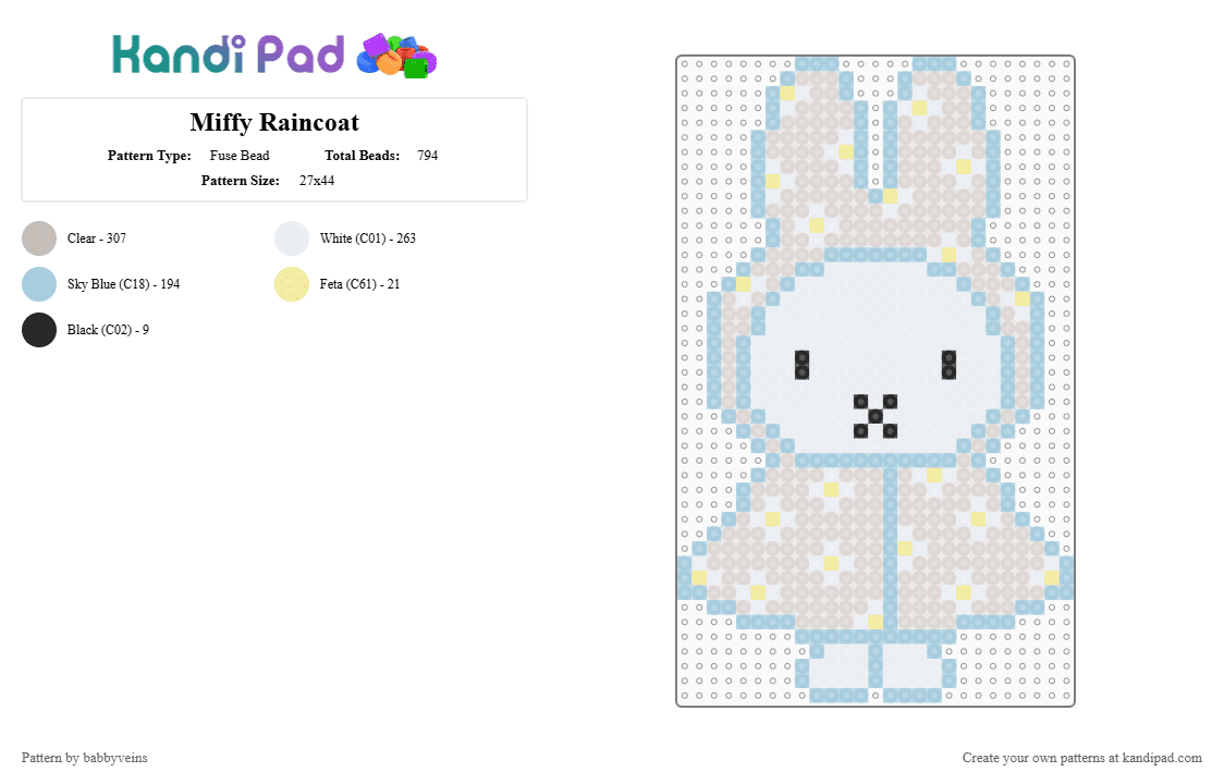 Miffy Raincoat - Fuse Bead Pattern by babbyveins on Kandi Pad - light blue,beige,recolour,miffy