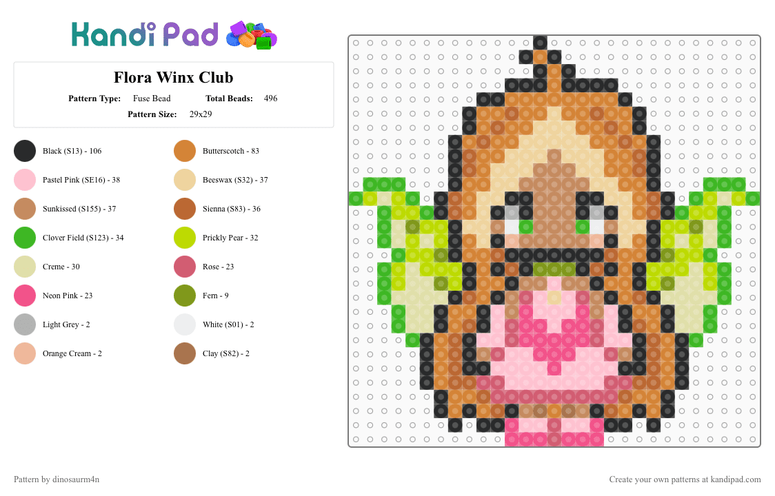 Flora Winx Club - Fuse Bead Pattern by dinosaurm4n on Kandi Pad - green,tan,orange,pink