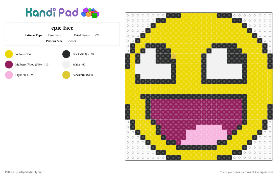 epic face - Fuse Bead Pattern by sillybillybootybutt on Kandi Pad - yellow,pink,roblox,scene,emoji,epic face