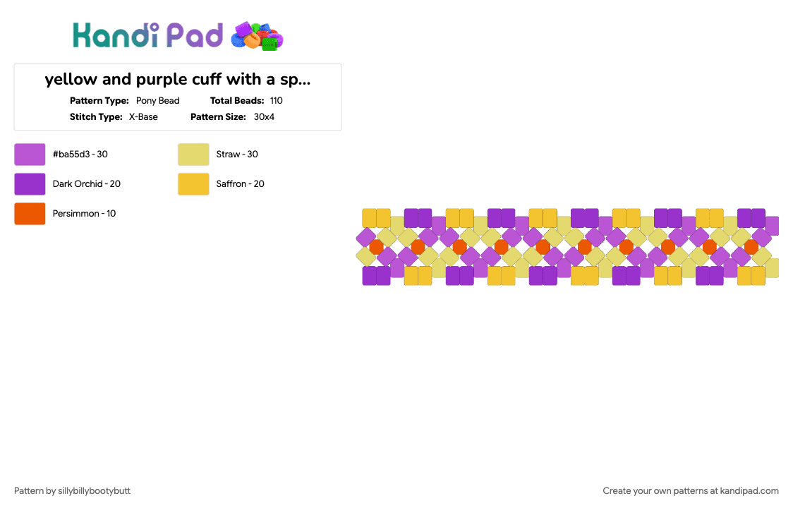 yellow and purple cuff with a splash of orange - Pony Bead Pattern by sillybillybootybutt on Kandi Pad - pink, yellow