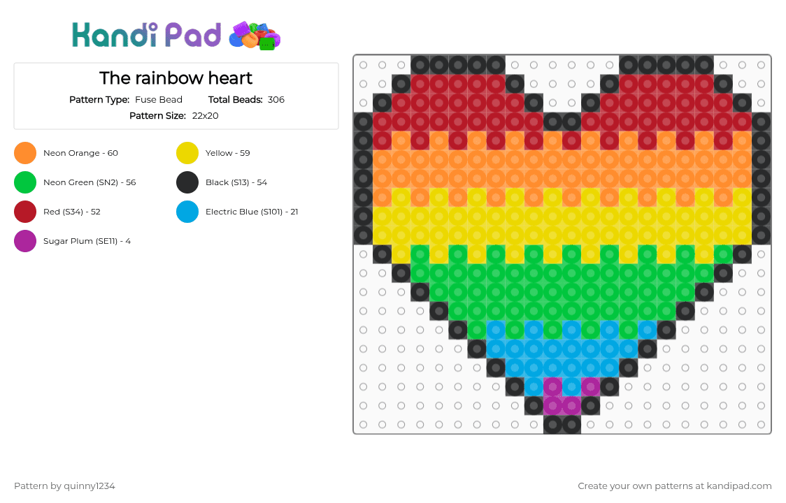 The rainbow heart - Fuse Bead Pattern by quinny1234 on Kandi Pad - green, orange, red, yellow
