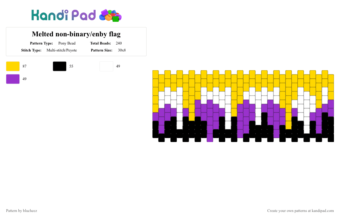 Melted non-binary flag cuff - Pony Bead Pattern by blucheez on Kandi Pad - yellow,purple,nonbinary,melted,enby,non binary,flag,pride,blucheez,melt
