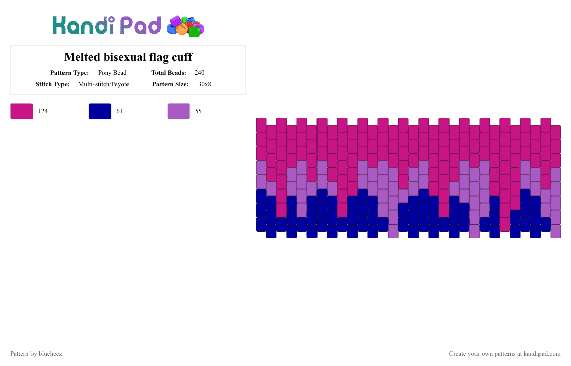 Melted bisexual flag cuff - Pony Bead Pattern by blucheez on Kandi Pad - pink,bi,bisexual,pride,flag,cuff,melt,blucheez,slime
