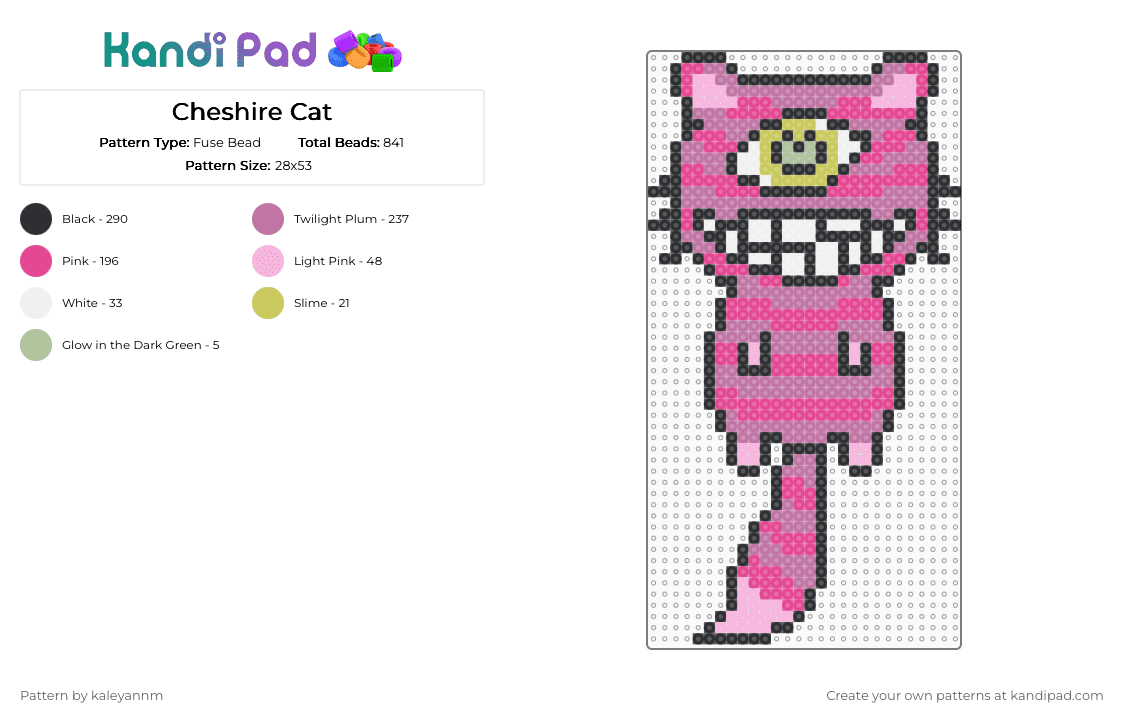 Cheshire Cat - Fuse Bead Pattern by kaleyannm on Kandi Pad - pink