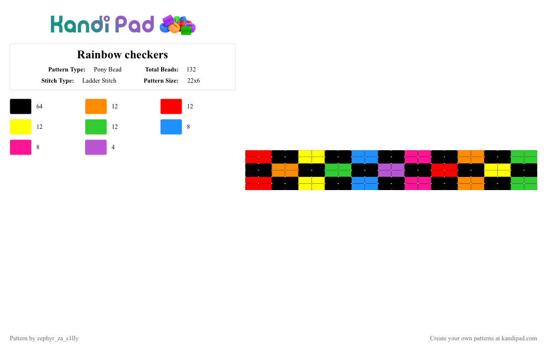 Rainbow checkers - Pony Bead Pattern by zephyr_za_s1lly on Kandi Pad - black,red,green,colorful,rainbow,checkers,scene