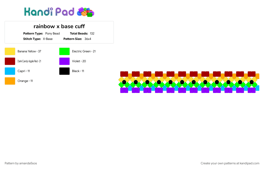 rainbow x base cuff - Pony Bead Pattern by amanda5sos on Kandi Pad - green, purple, red, yellow