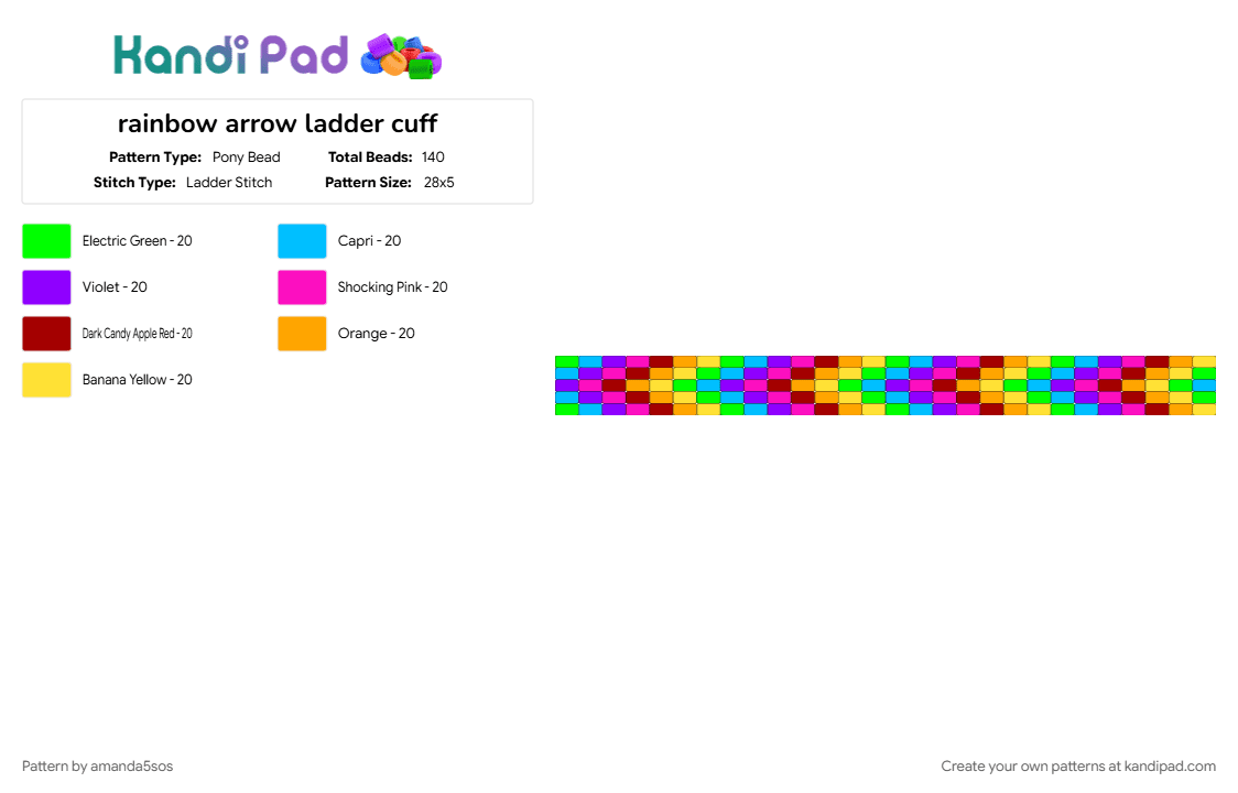 rainbow arrow ladder cuff - Pony Bead Pattern by amanda5sos on Kandi Pad - colorful, light blue, orange, pink
