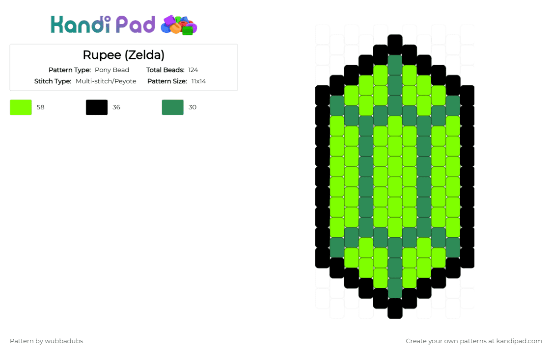 Rupee (Zelda) - Pony Bead Pattern by wubbadubs on Kandi Pad - green,black,zelda,rupee,charm,the legend of zelda