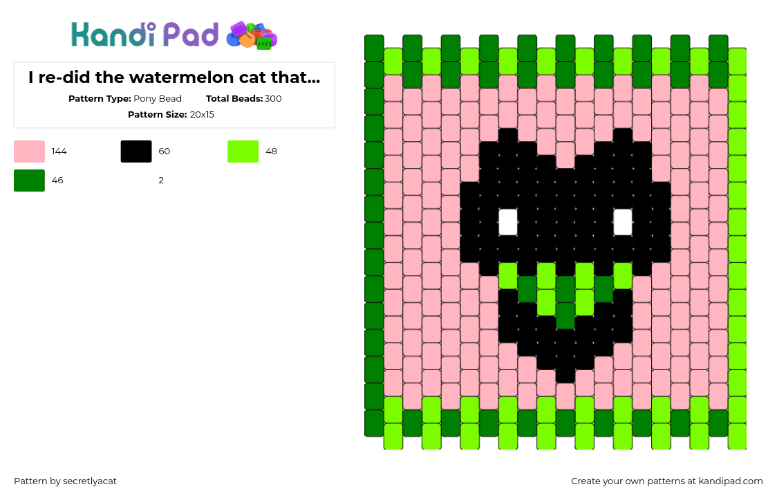 I re-did the watermelon cat that got pattern of the day ! - Pony Bead Pattern by secretlyacat on Kandi Pad - watermelon,cat,panel,animal,fruit,silhouette,pink,green,black