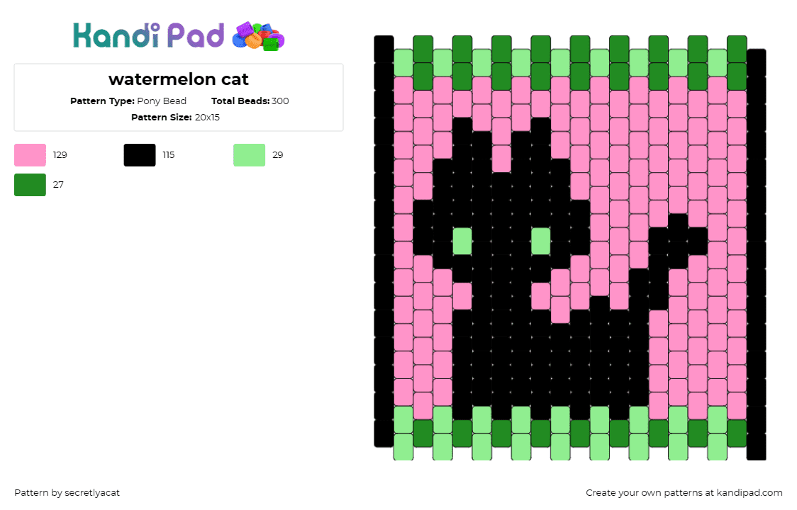 watermelon cat - Pony Bead Pattern by secretlyacat on Kandi Pad - cat,watermelon,animal,fruit,food,panel,cute,black,pink