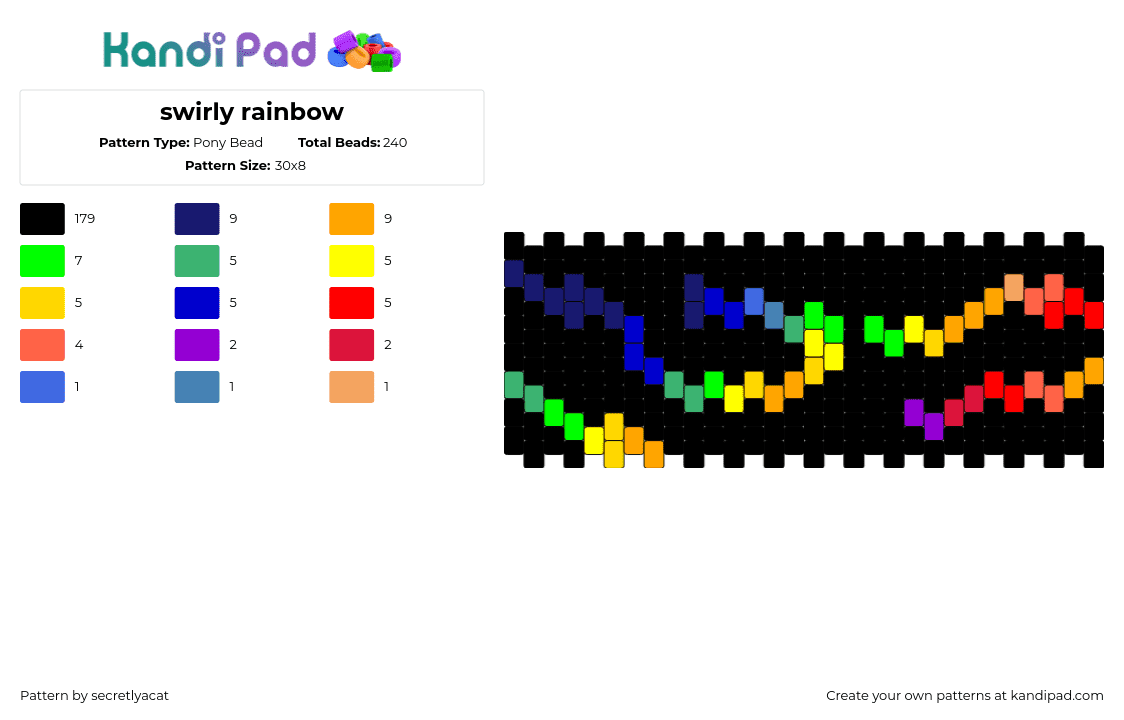 swirly rainbow - Pony Bead Pattern by secretlyacat on Kandi Pad - swirls,dark,rainbow,simple,cuff,black,yellow,red