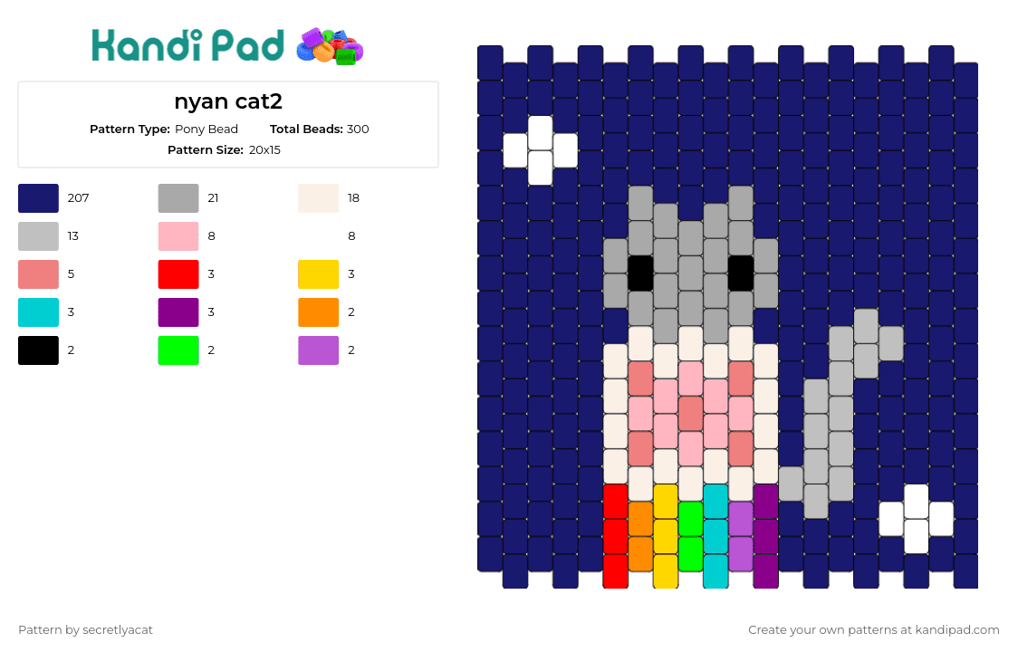 nyan cat2 - Pony Bead Pattern by secretlyacat on Kandi Pad - nyan cat,poptart,meme,rainbow,night,gray,blue,pink