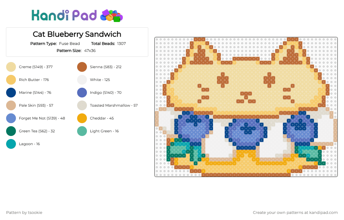 Cat Blueberry Sandwich - Fuse Bead Pattern by tsookie on Kandi Pad - tan,beige,blue,cotdberries,cat,blueberry,sandwich,berries,cute,aesthetic,food