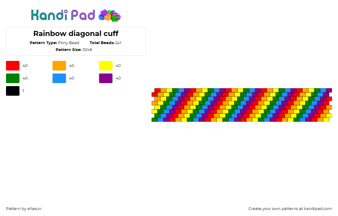 Rainbow diagonal cuff - Pony Bead Pattern by ellasun on Kandi Pad - diagonal,stripes,rainbow,colorful,cuff